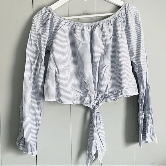 Pink Lemonade Striped Tie Front Long Sleeve Crop Top Rose Appliqué Embellished M - Picture 2 of 4